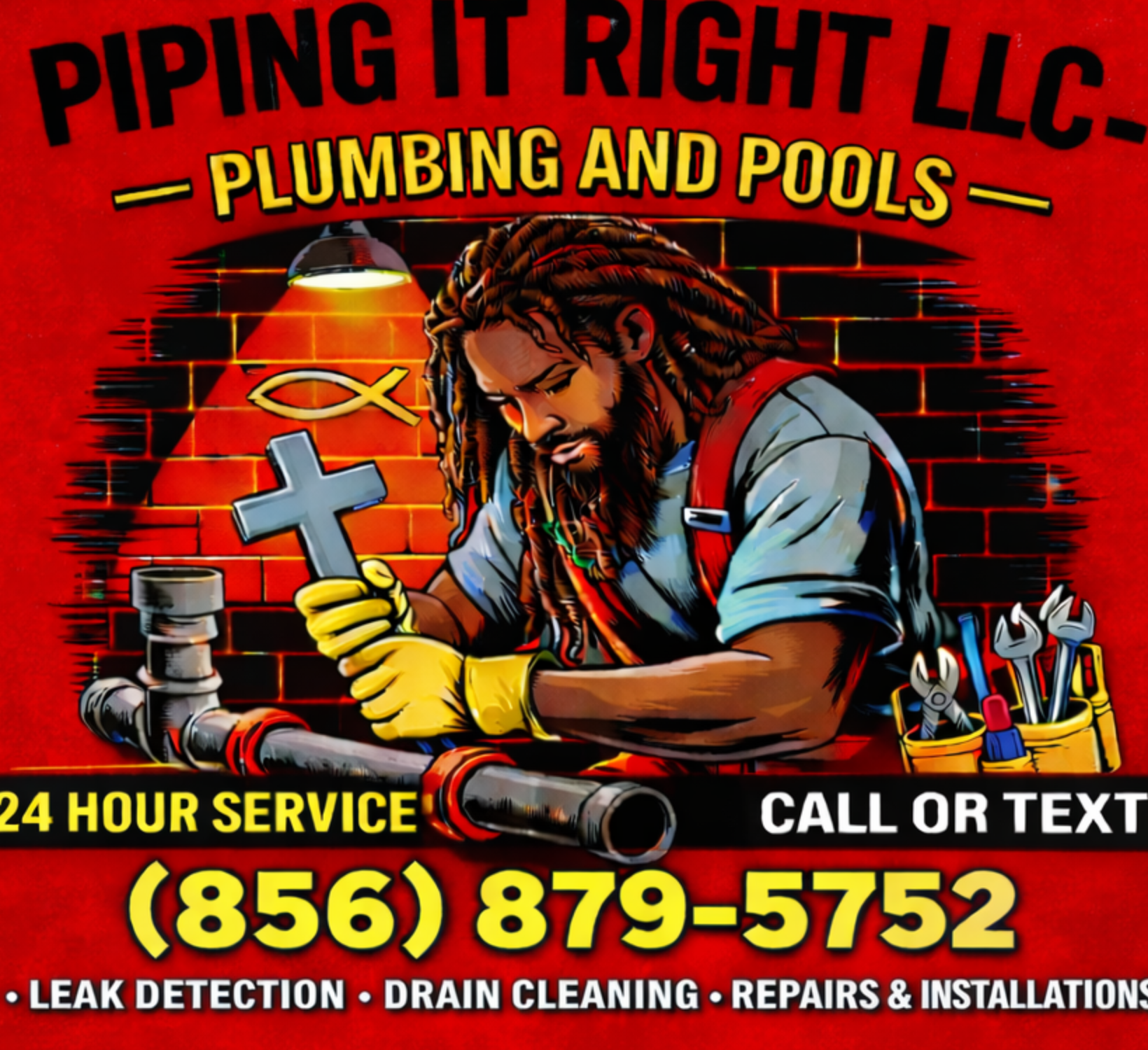 Piping It Right LLC plumbing and pools service advertisement with plumber and tools on red background.